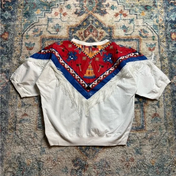 Vintage Aboriginal Tassel Short Sleeve Light Sweatshirt Medium - Picture 2 of 5